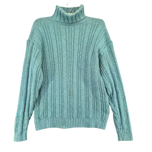 L.L. Bean Women's Pullover Ribbed Turtleneck Sweater Green Medium Cotton Vintage - Picture 1 of 12